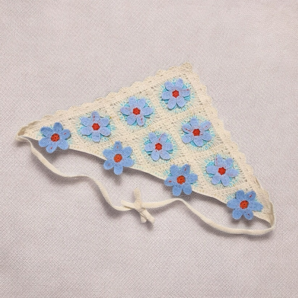 Floral Crochet Bandana - Cream and Blue